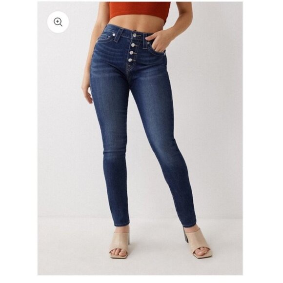 True Religion HALLE HR SN BUTTON FRONT Size 28 In Dark Wash Exposed Button NWT - Picture 2 of 16